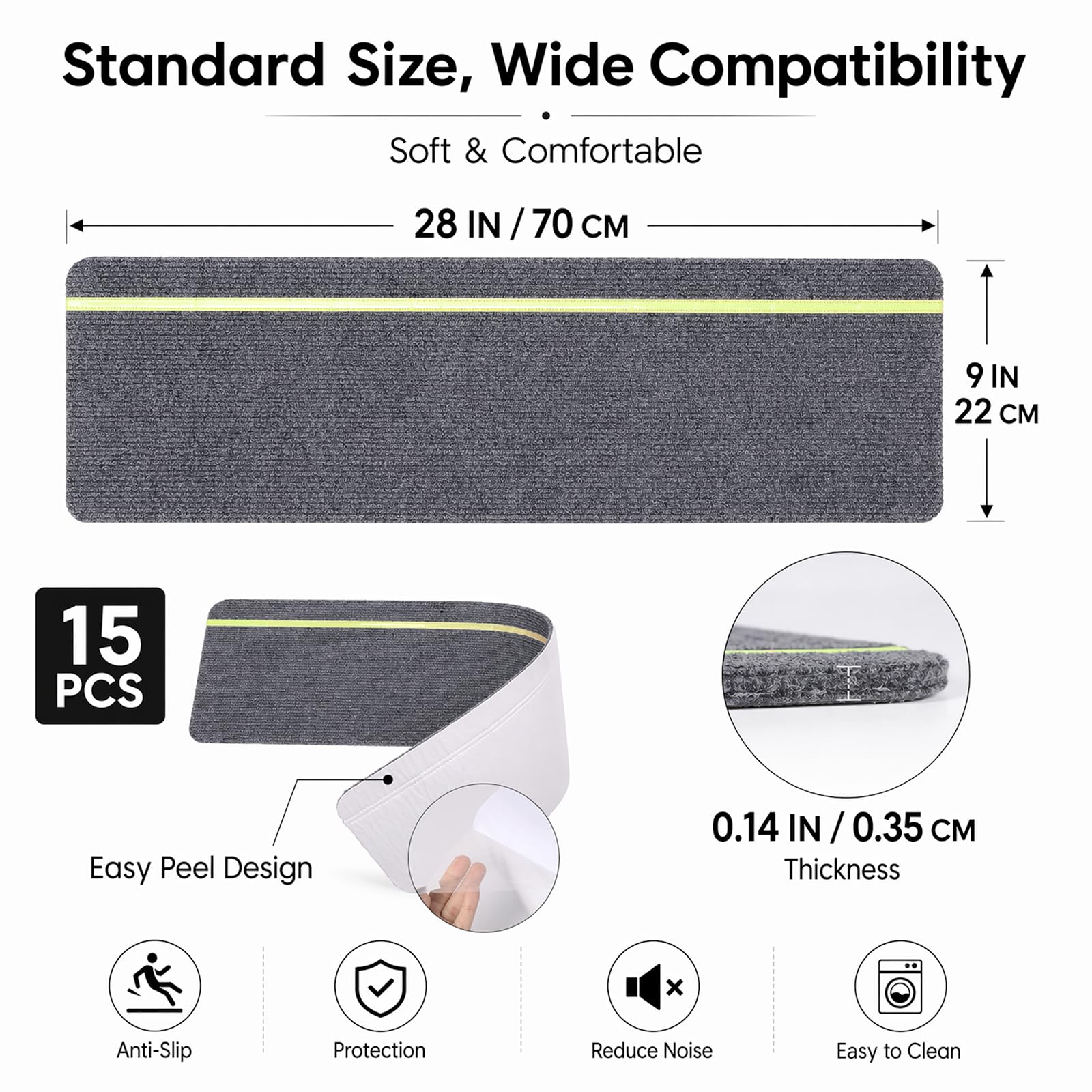 15 Stück Treppenstufen Matten 76cm x 20cm, Stufenmatten Selbstklebend mit Glow in Dark Streifen, Polyester Treppenstufen Antirutsch für Kinder, Ältere und Haustiere (Dunkelgrau)