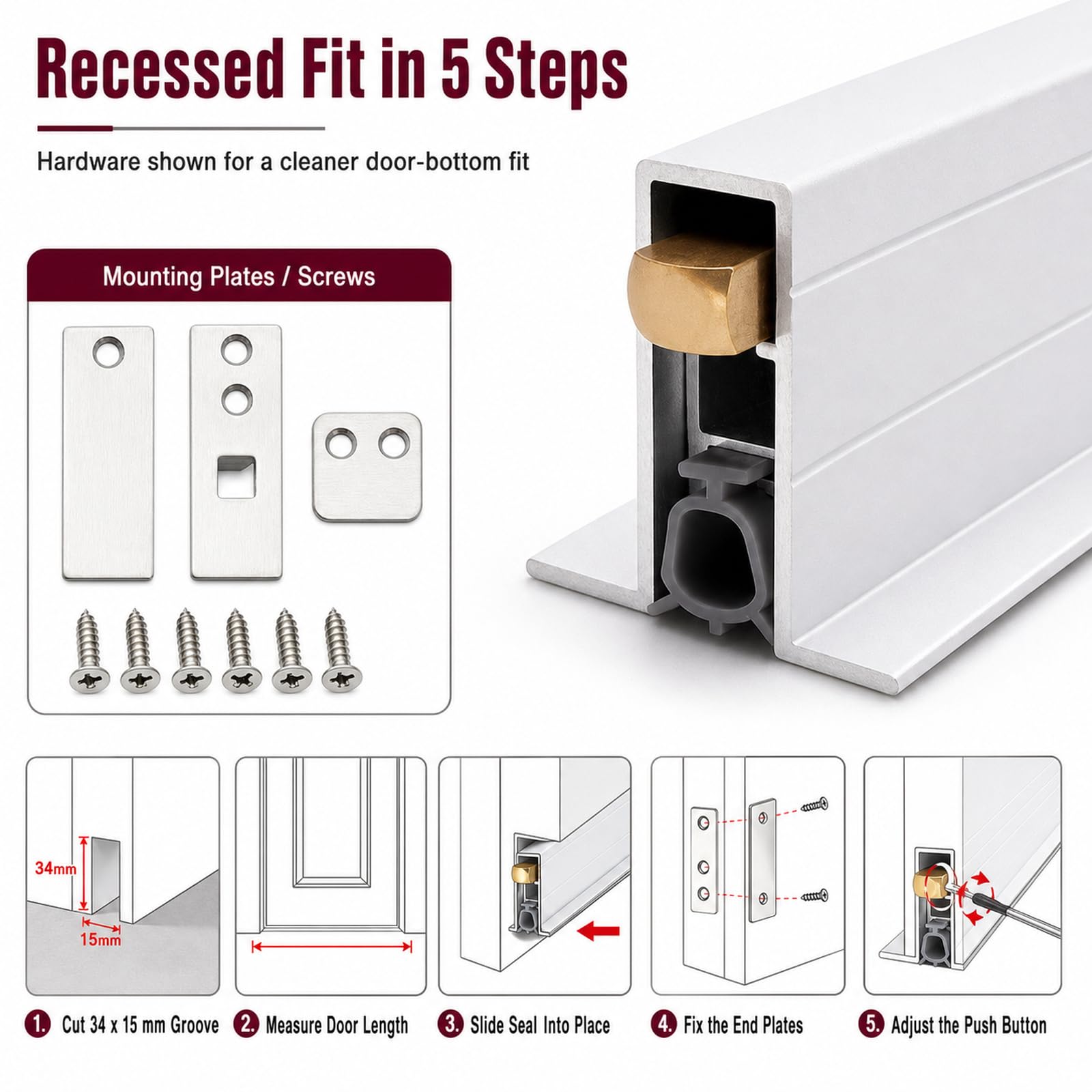 Paraspifferi Porta Alluminio su con Guarnizione Automatica Paraspifferi Sottoporta Incasso/Strisce Oscuranti per Parte Inferiore della Porta per Uso Domestico e Commerciale