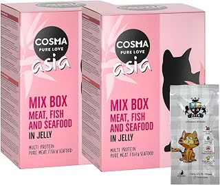 Bundle of Cosma Pure Love Asia Flavours in Jelly Pouches 12x100g with AETN Chicken Cat Treat