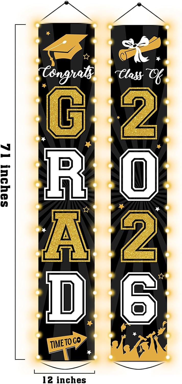 2026 Graduation Banners Lighted Decorations Class of 2026 Congrats Grad Party Porch Sign Banners Supplies with LED Light Welcome Hanging Door Decor for Indoor Outdoor(Black and Gold)