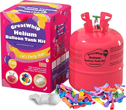 GreatWhip Tanque de helio de 22L hasta 100 globos de látex, tanque de helio para globos en casa, 100 globos de látex y cintas incluidos
