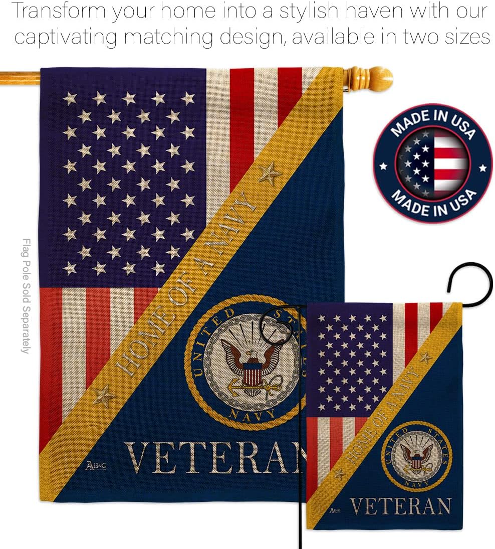 Home of Navy Burlap Garden Flag - Set Wall Holder Armed Forces USN Seabee United State American Military Veteran Retire Official - House Banner Small Yard Gift Double-Sided Made in USA 13 X 18.5