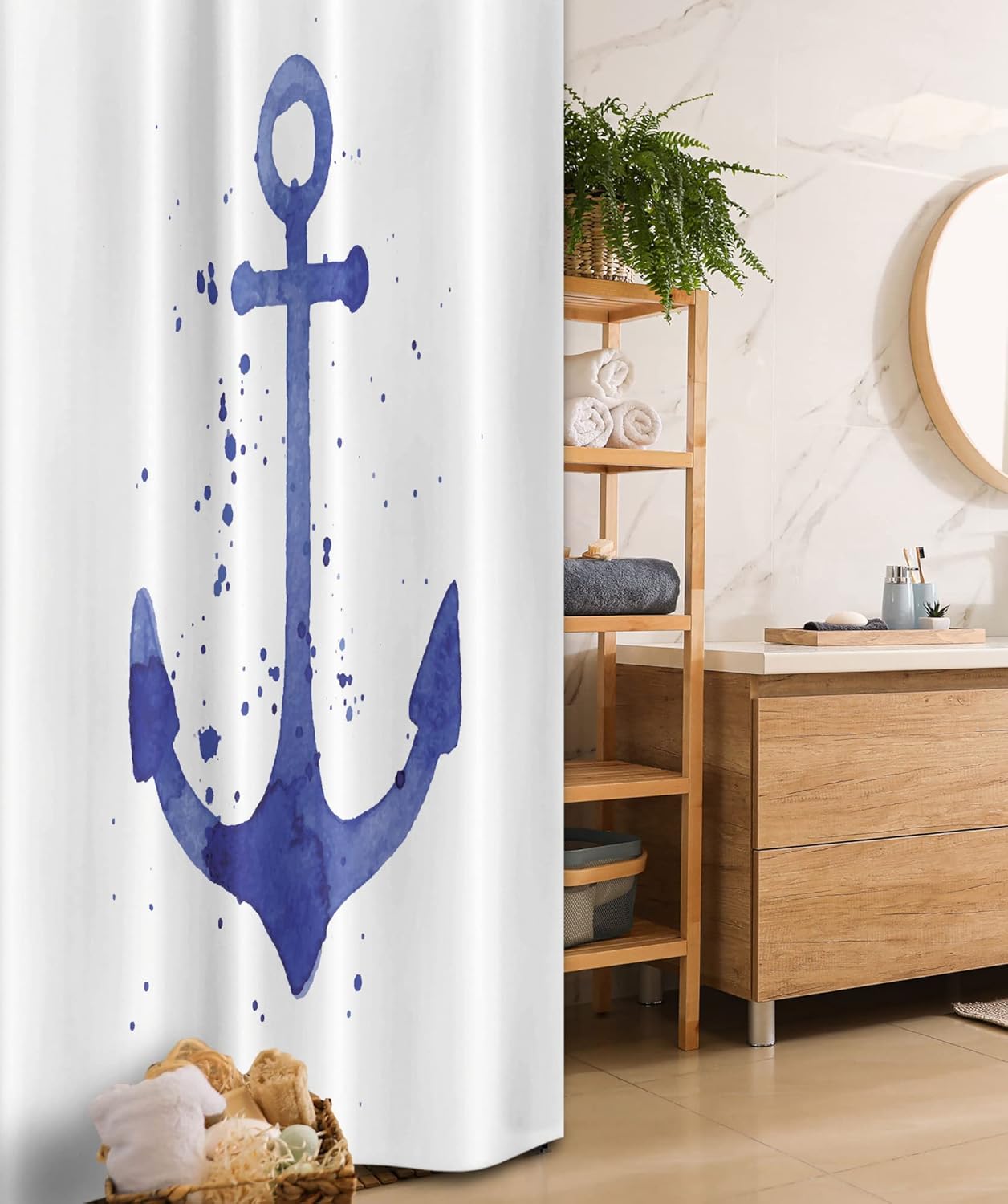 Ambesonne Anchor Stall Shower Curtain, Watercolors Illustration of Anchor Color Drops All Around Navy Equipment Retro Print, Fabric Bathroom Decor Set with Hooks, 36" W x 72" L, White Navy