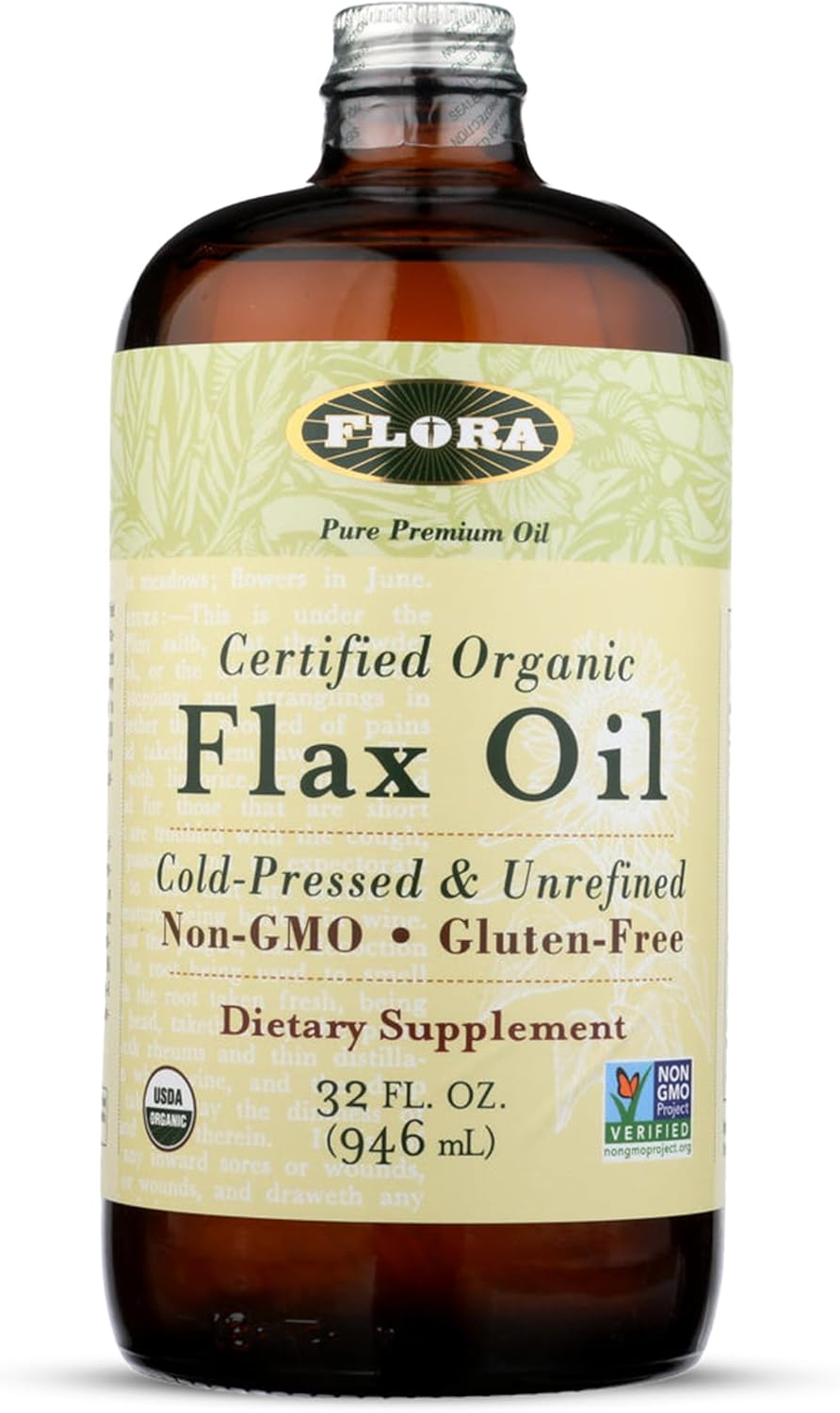 Flora - Flax Oil - Cold-Pressed, Unrefined, Organic Flax Seed Oil - Contains Omega-3 & Omega-6 - Non-GMO & Gluten-Free - Keep Chilled - 32 fl. oz. Amber Glass Bottle