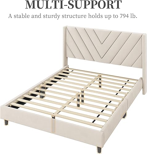 Miniatura 9 de Yaheetech Base de cama tapizada, diseño lateral de ala, soporte de listones de madera, cabecera capitoné, base de colchónno necesita somier, cama