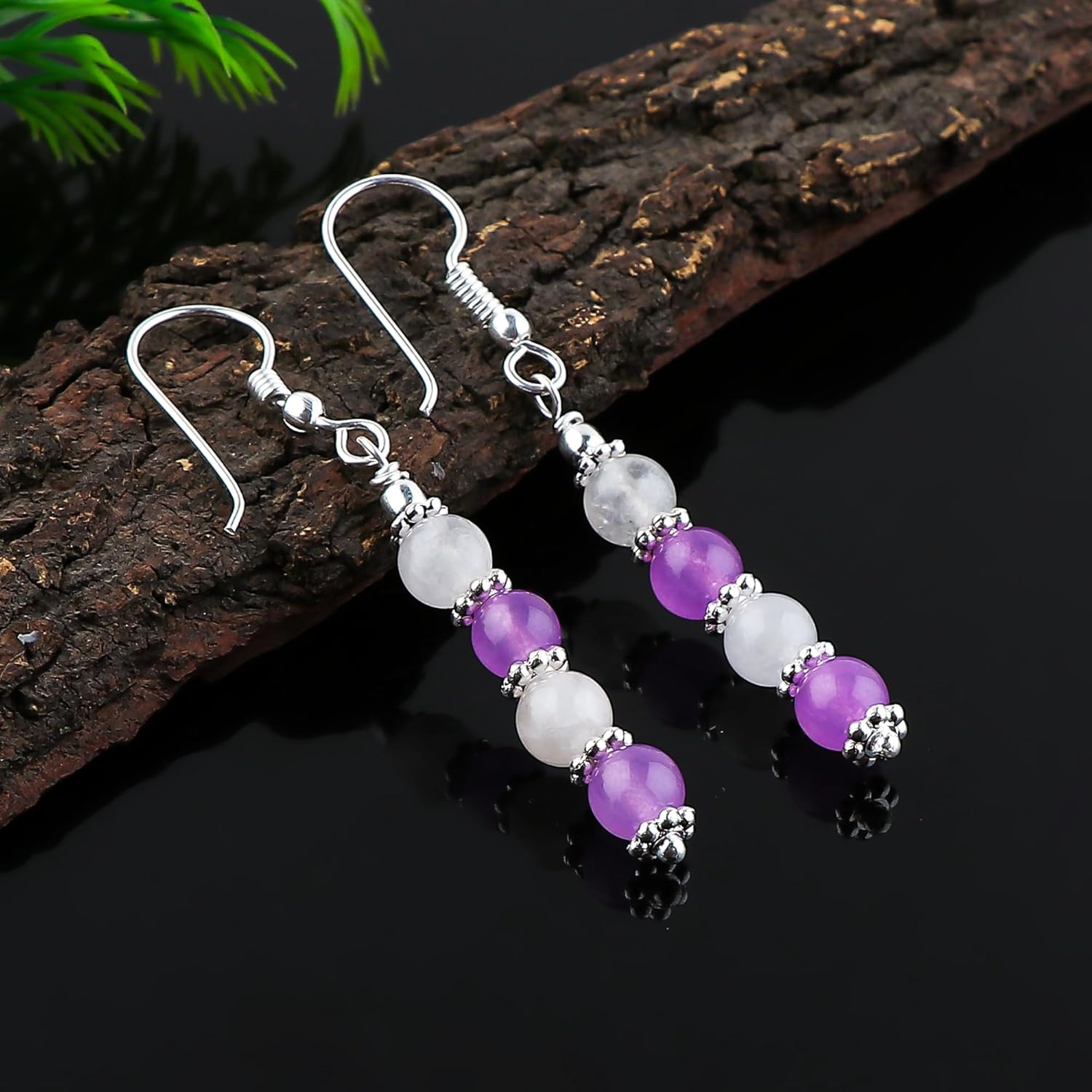 Natural Amethyst & Rose Quartz Gemstone Earrings, Bohemian Silver Jewelry, Handmade Crystals Earring, Healing Stones, Simple Earring Gift for Women (Approx.1.50 inch) - Image 2