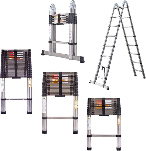 Miniatura 13 de Escalera de extensión telescópica de aluminio de 16.5 pies, capacidad máxima de 330 libras, marco en A, ligera, portátil, multiuso, plegable