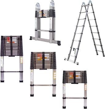 Telescoping Ladder 12.5ft Stainless Steel Extension Folding Ladder, Folded Height 2.8ft, 330lbs Max Load Capacity, Portable Heavy Duty Telescoping Ladder for Home, RV, Roof, EN131 Certificated