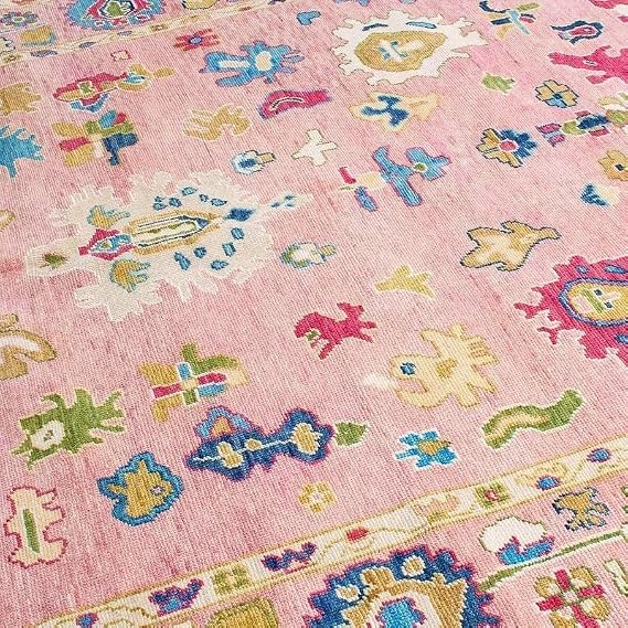 Hand-Tufted Oushak Wool Rug Handmade Turkish Design with Soft Pastel Tones and a Boho Look, Ideal for Living Rooms, bedrooms, or entryways.(Pink, 8' x 10')