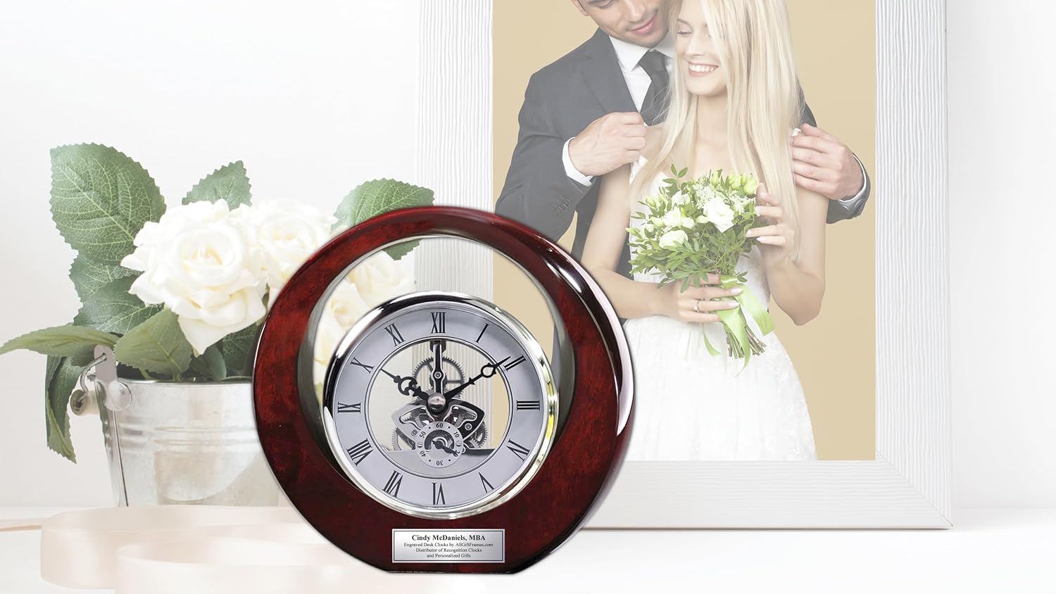 Executive Engraved Silver Gear Da Vinci Marquee Dark Cherry Personalized Desk Clock Employee Recognition Service Award Wedding Anniversary Desk Clock Retirement Coworker Boss Colleague 8x8
