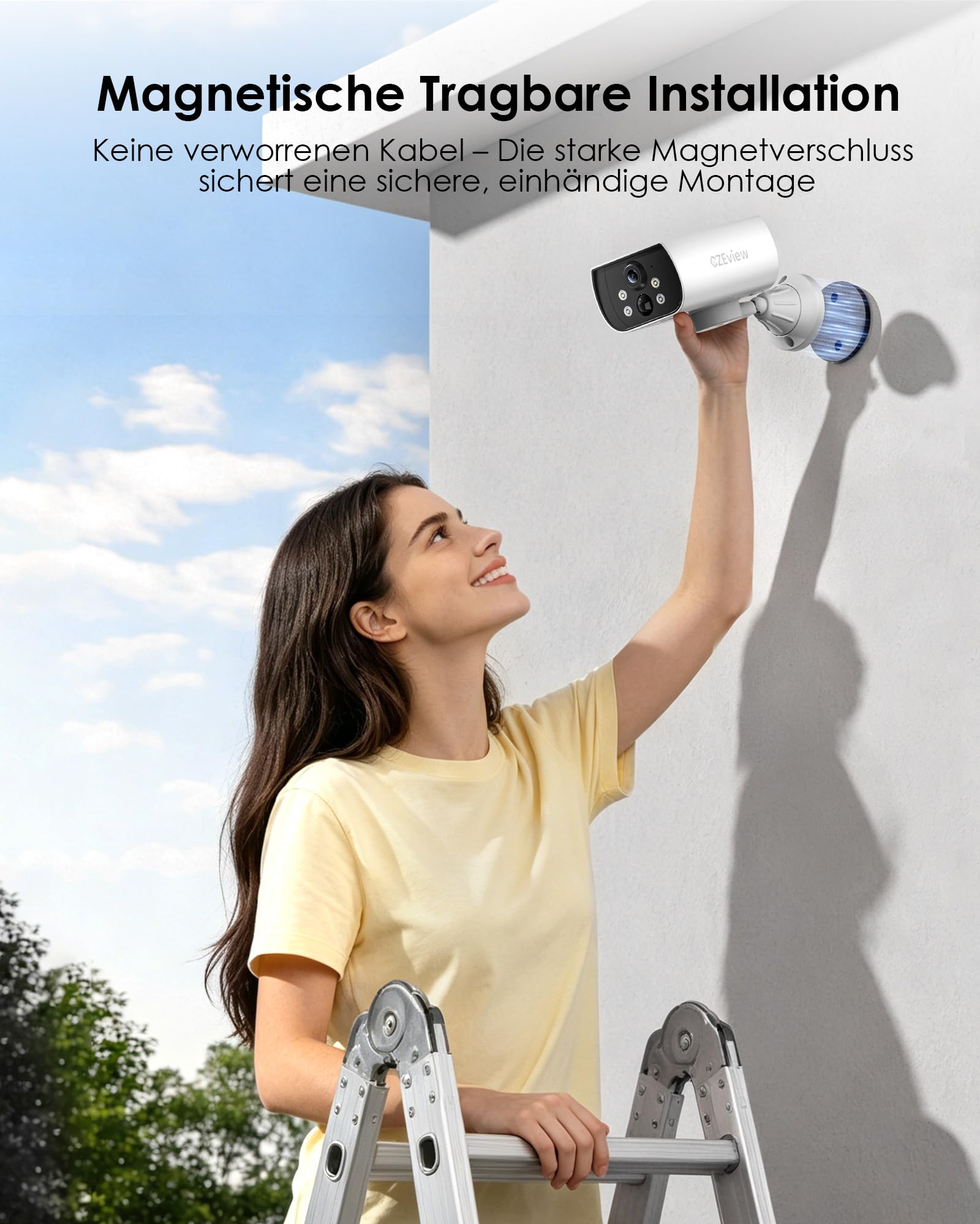 CZEview 3K 5MP Überwachungskamera Aussen Akku Solar, Magnetische Montage | 300° Schwenkfunktion Kabellose Solarkamera Außen, 2.4GHz WLAN, Bewegungserkennung, 2-Wege Audio, Farb-Nachtsicht, IP65