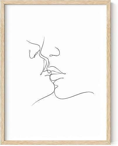 HAUS AND HUES Arte de pared de pareja besándose, arte de línea minimalista, póster de silueta romántica, decoración de pared de dormitorio (marco