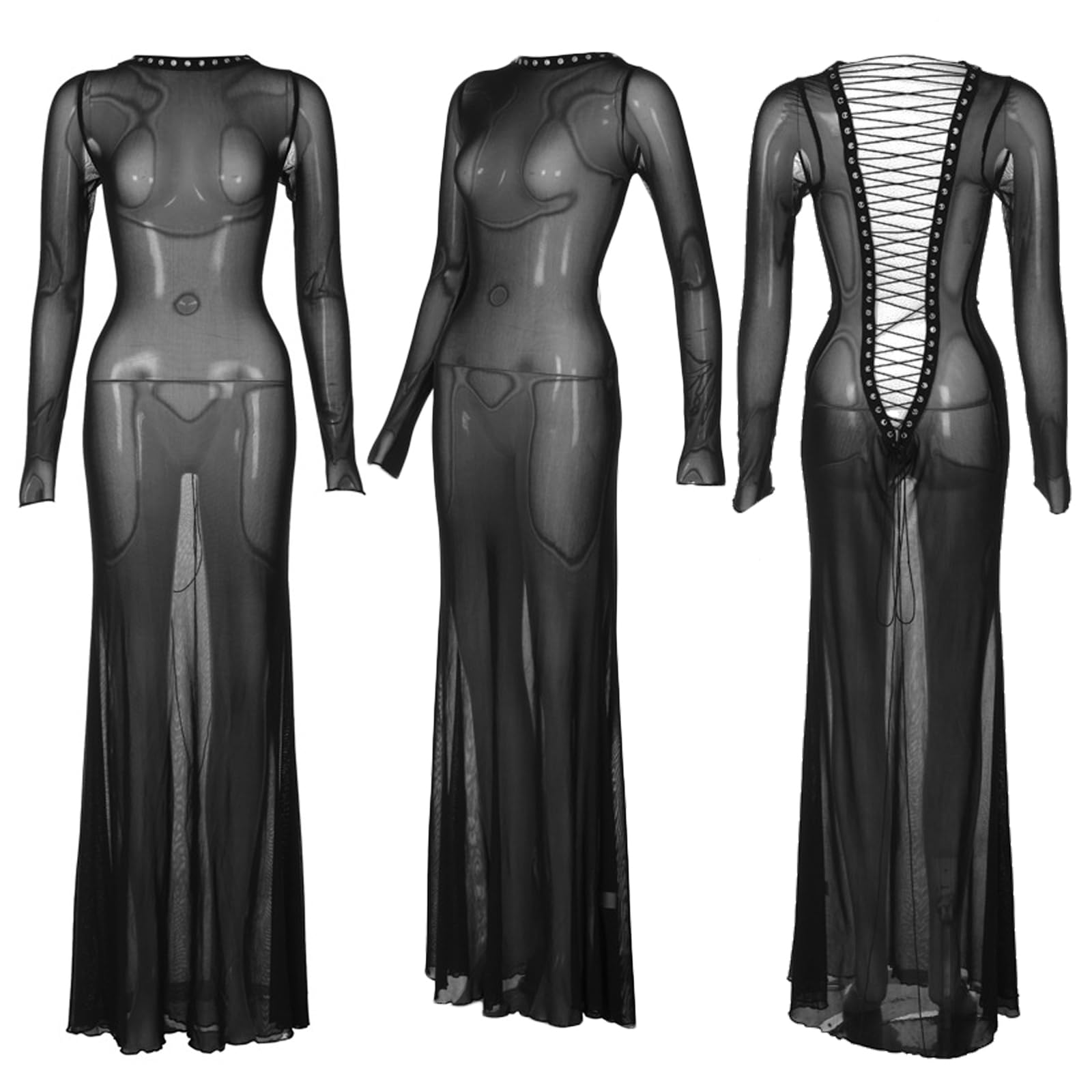 Geagodelia Robe Maxi-Longue Dos Nu en Mesh à Manches Longues, Robe Transparente Sexy Moulante en Bandage pour Soirée Cocktail Fête (Noire, Taille Unique)