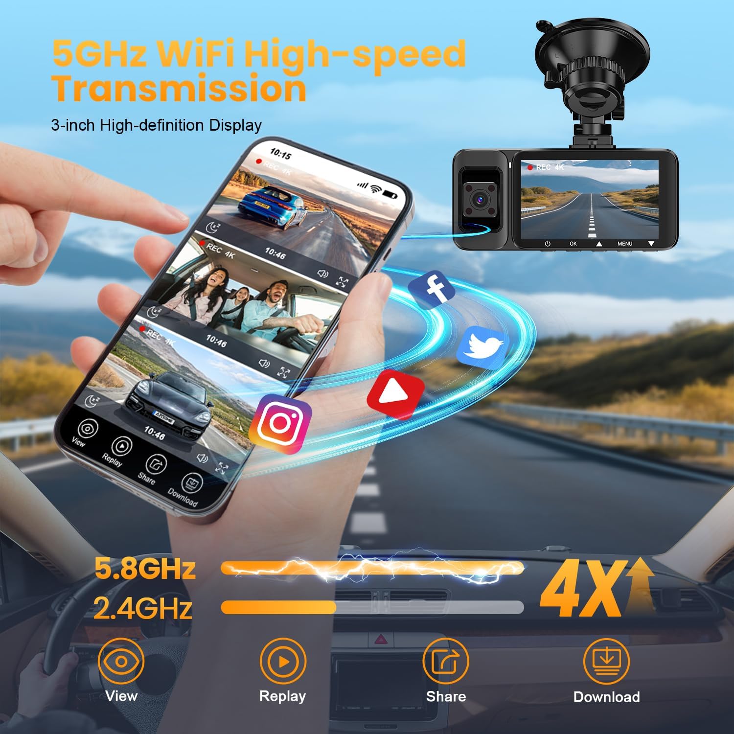 4K Dash Cam Front and Rear Inside, 3 Channel Dash Camera for Cars with 64GB Card, 5G WiFi, Infrared Night Vision, 24H Parking Mode, 360° Wide Angle Wireless Dashcam for Uber/Taxi