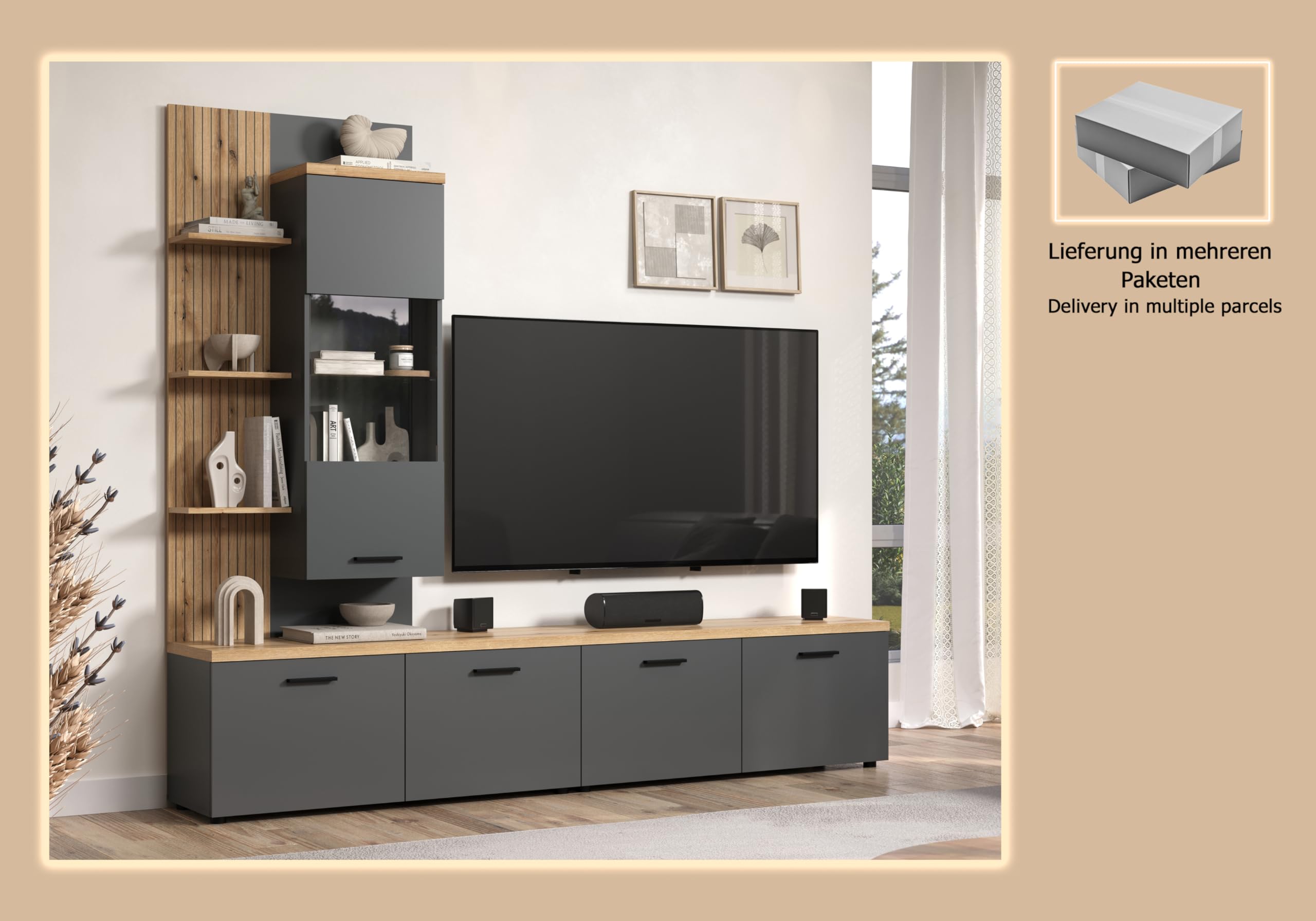 trendteam smart living Baggio Wohnwand Grau/Eiche Kombination aus Hängevitrine und 2 Lowboards (BxHxT) 240 x 212 x 40 cm für TV bis 65 Zoll
