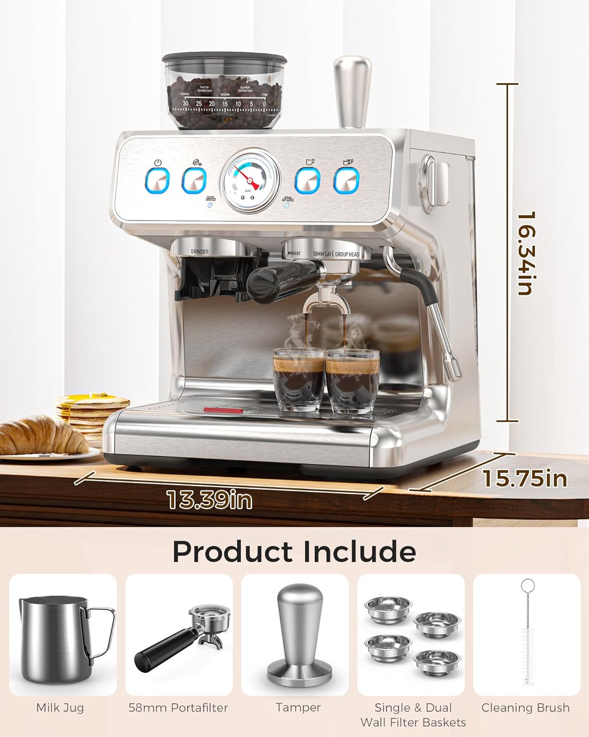 COWSAR Espresso Machine with Grinder, Commercial Expresso Coffee Machines with Dual Boiler, Use Milk Frother and Brew Coffee Machine Simultaneously, Coffee Maker Cappuccino Latte, 95oz Water Tank