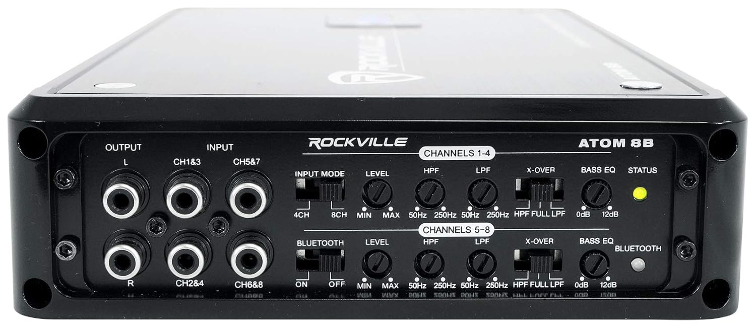 Rockville Atom 8B Bundle: 8-Channel 3500W Peak / 880W RMS Marine Amplifier with Bluetooth, RWK42 4-Gauge Car Amp Wiring Installation Kit, 2-Items