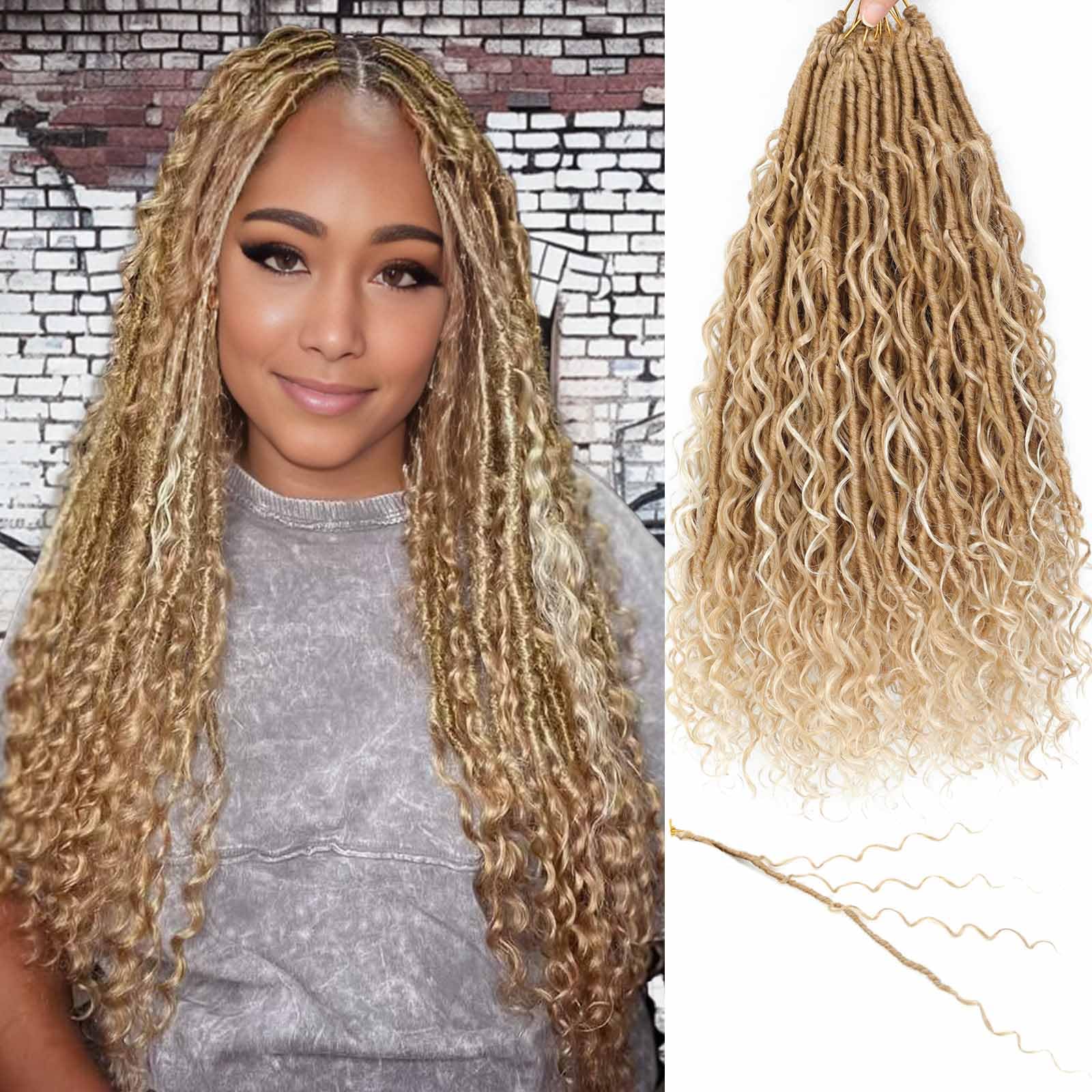 Goddess Locs Crochet Hair 7 Packs Bohemian Faux Locs Pre-Looped Braids, Boho Goddess Soft Locs Crochet Hair with Curly Ends Hair Extensions for Women