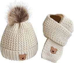 Baby Knitted Hat, Neck Warmer Scarf and Warm Winter Hat, Girls Winter Baby Beanies with Pompon and Knitted Neck Scarf (Off-White)