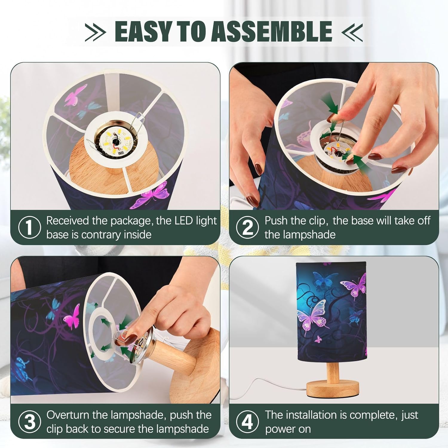 YETTASBIN Purple Blue Butterfly Bedside Table Lamp, Small LED Desk Light USB Nightstand Lamp with Non Slip Wood Base & Eye-Friendily Lampshade for Living Room Bedroom Dorm Home Office Desk Decor