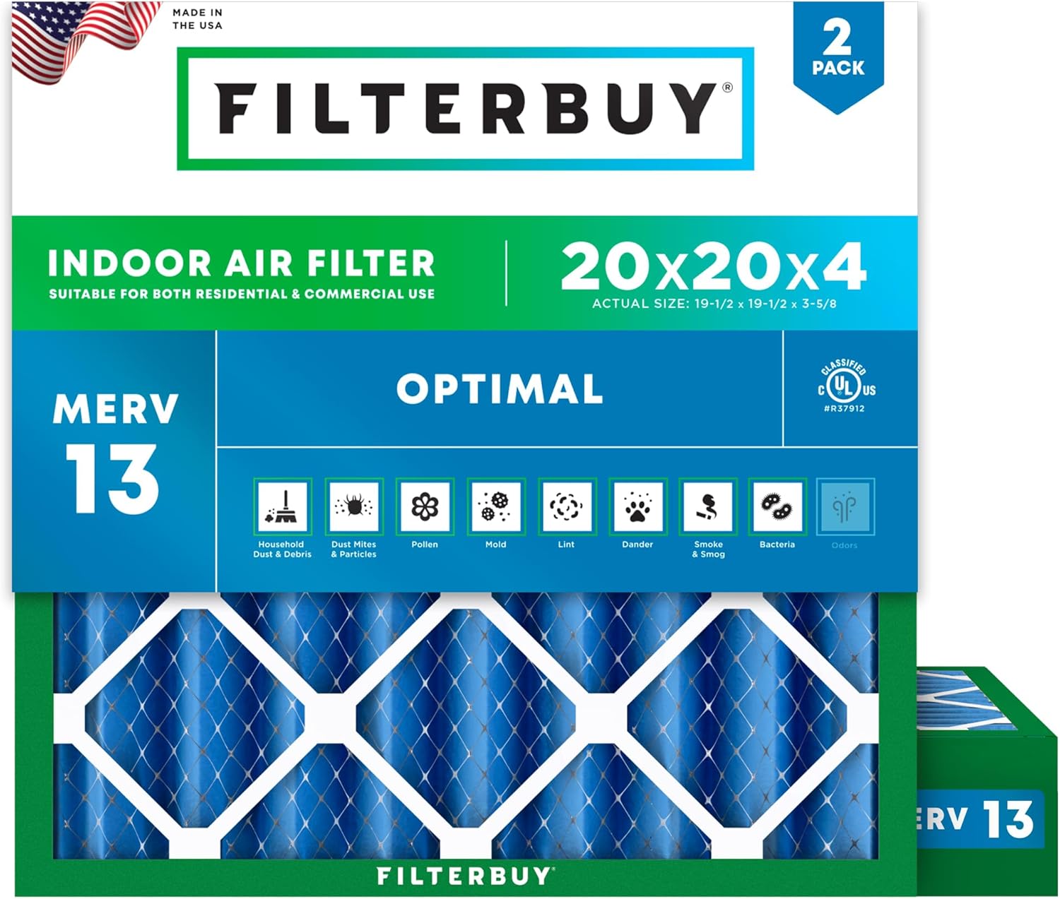 Filterbuy 20x20x4 Air Filter MERV 13 Optimal Smoke & Allergy Defense (2-Pack), Electrostatic Pleated HVAC AC Furnace Filters Replacement (Actual Size: 19.50 x 19.50 x 3.63)
