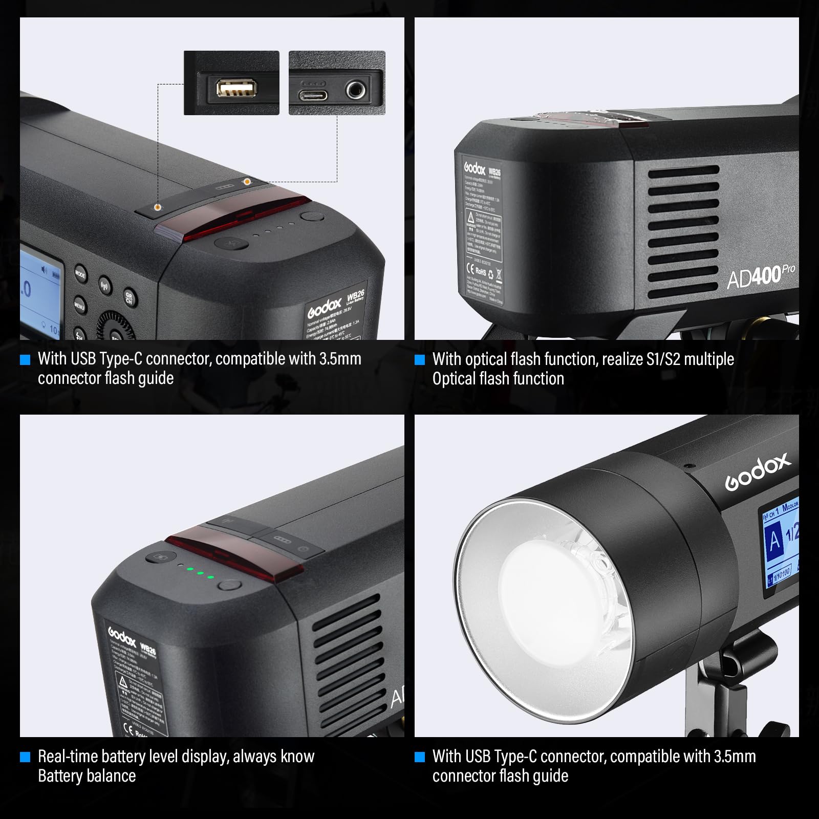 Godox AD400Pro 400W GN72 TTL 1/8000s HSS 2.4G X Sistema All-in-One Flash Speedlite Strobe Light, funzionamento a batteria, 390 Full Power Pops, Tempo di riciclaggio 0,01-1s