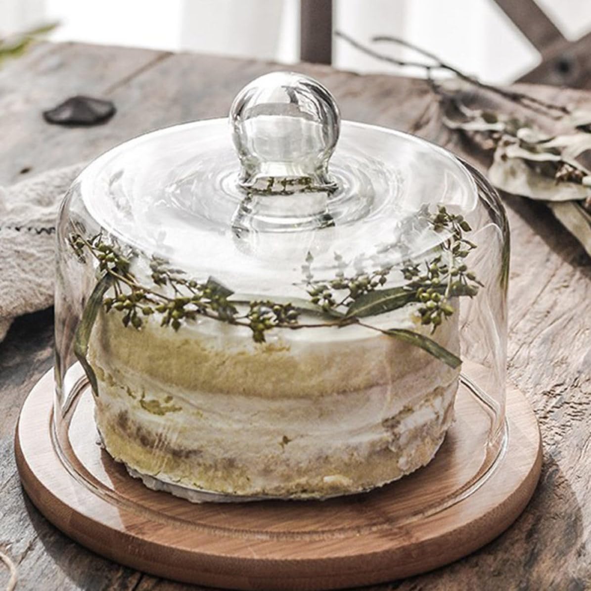 Cubierta de Pastel de Vidrio con Bandeja de Madera, Tapa Protectora con Buen Sellado para Exhibición de Postres en Casa y Buffets