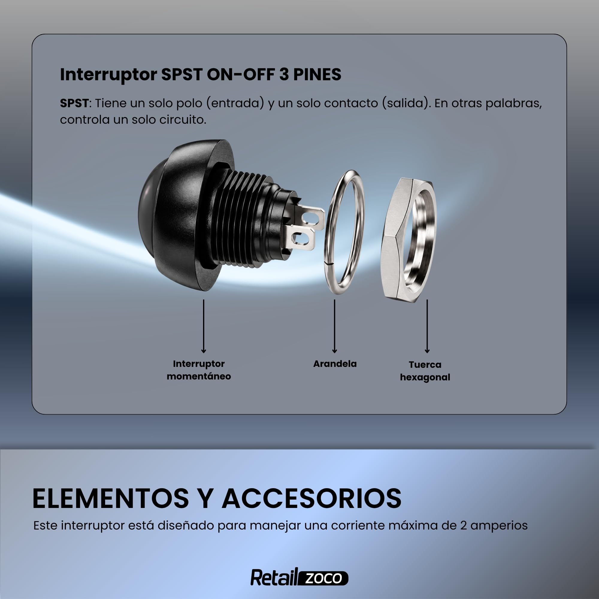 Botón Pulsador Momentáneo, Botón Auto Reinicio, 12V 2A, Negro, 5 Unidades - imagen 6