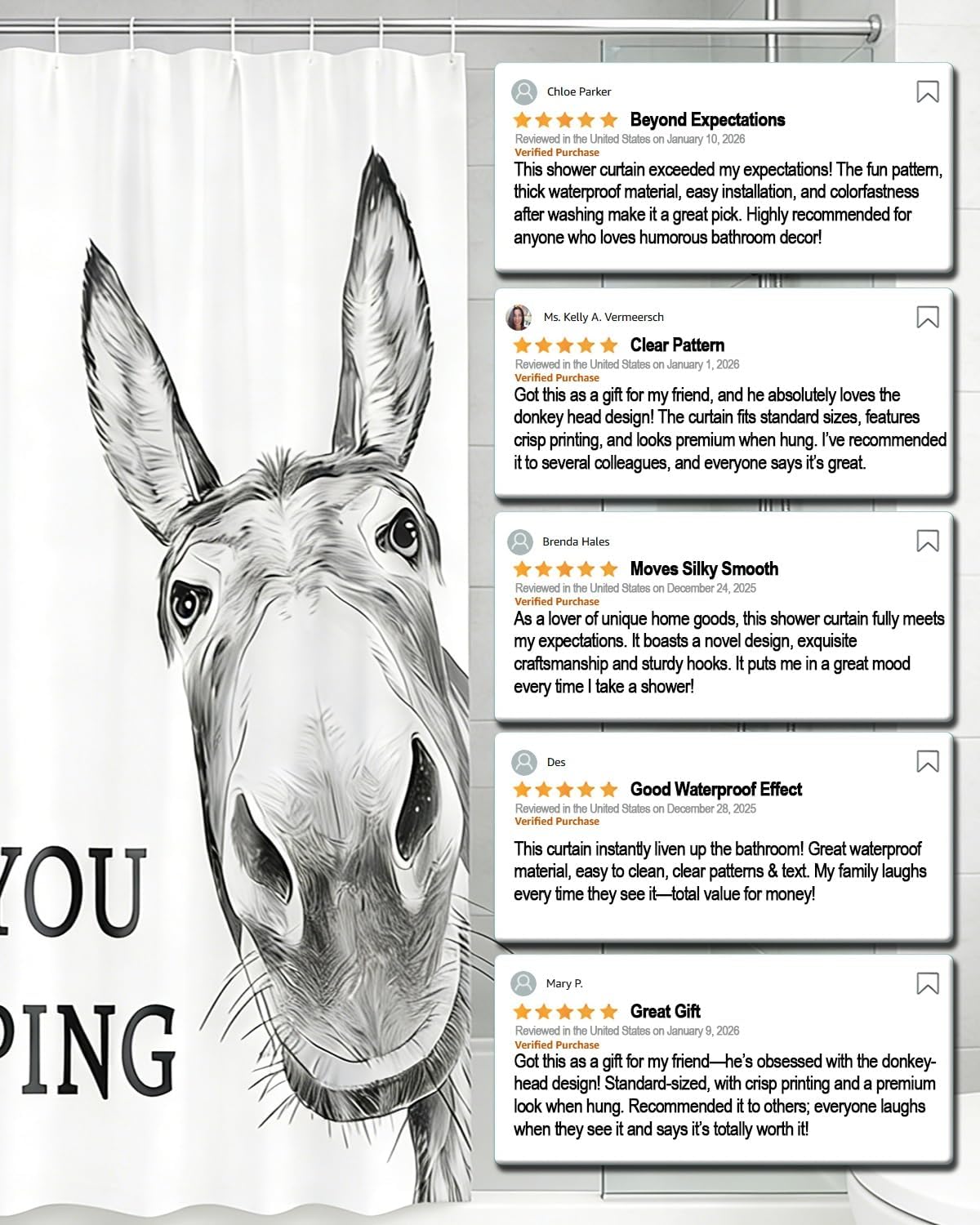 Donkey Shower Curtain Funny Animal Bathroom Decor Waterproof Polyester Fabric Vivid Print Durable Grommets Standard Size Easy Install Humorous Gift Adults Apartment Home Restroom Decoration(70*70in)