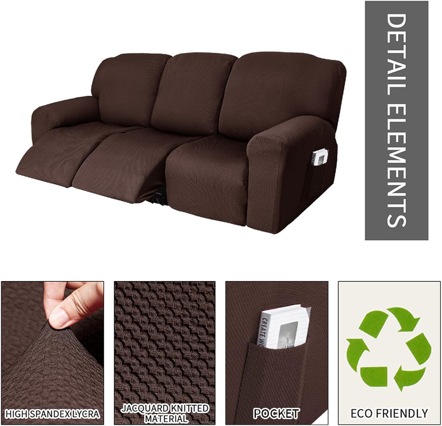 Stretch Recliner Chair Cover Armchair Covers with Pockets Spandex 1/2/3 Seater Couch Covers Furniture Cover for Living Room Sofa Cover (3 Seater,Coffee)