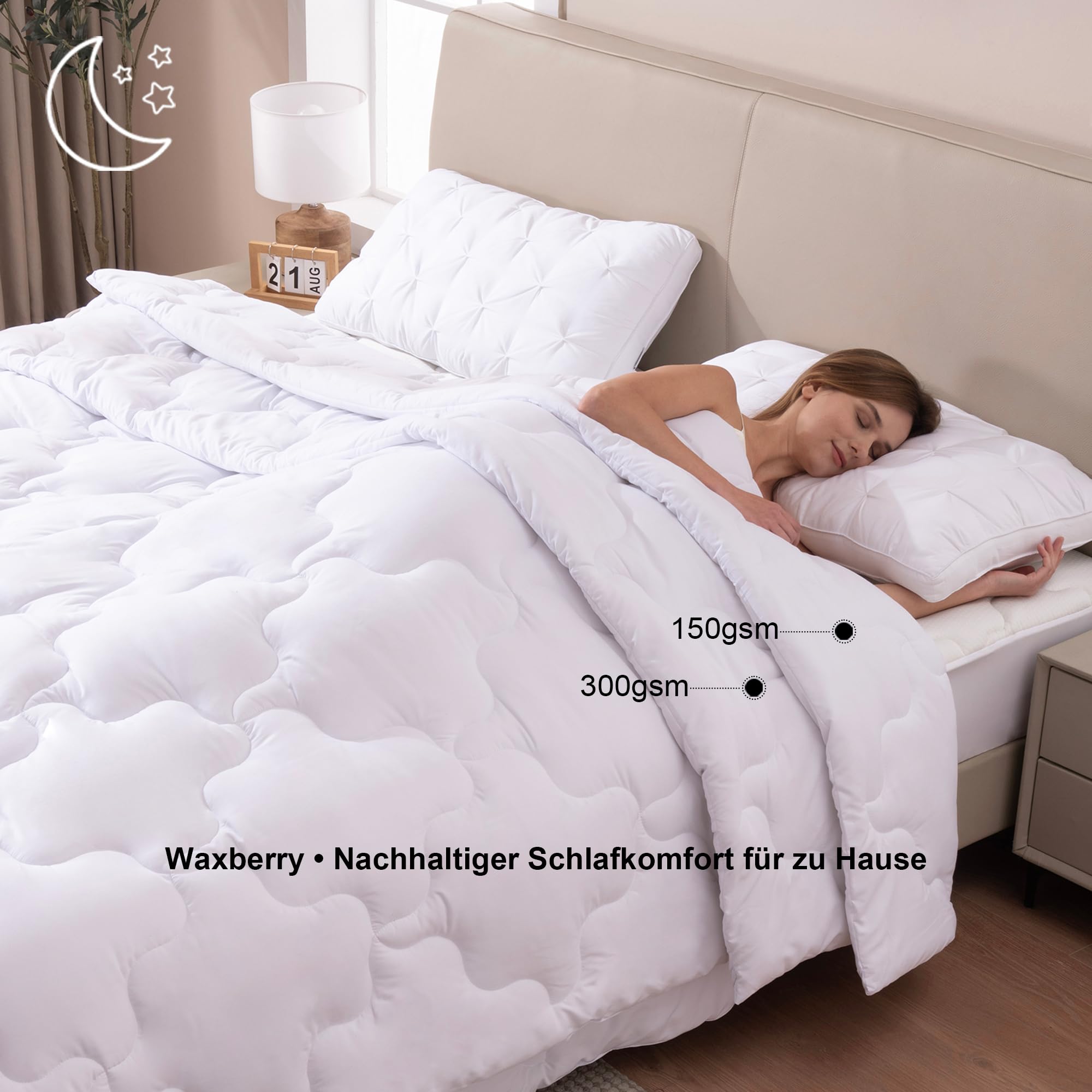 Waxberry 4 Jahreszeiten Bettdecke 200x220, 2 Teilig Set - Winterdecke 450gsm - Ganzjahresdecke 300gsm + Sommerdecke 150gsm, Weiche Steppdecke Waschbar Anti-Allergisch, Weiß