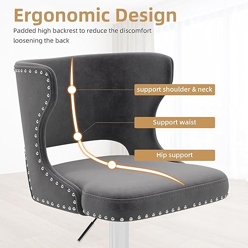 Miniatura 4 de Westice Juego de 2 taburetes de bar, taburetes de bar giratorios de terciopelo ajustables con respaldo hueco, ribete de remache y base cromada