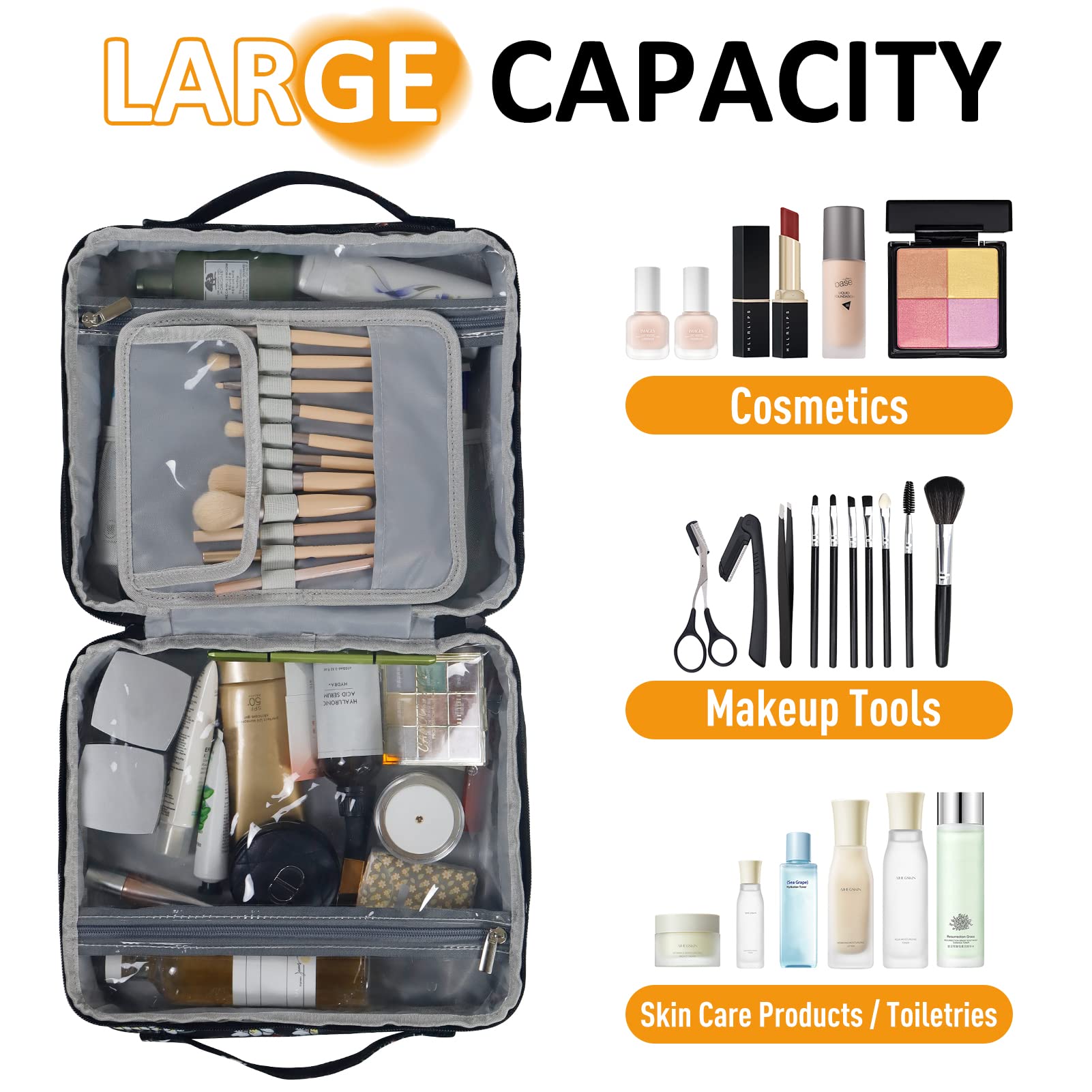 Gloppie Neceser de maquillaje para mujer, XXL, para colgar, organizador de viaje, Negro - Patrón floral blanco, XXL, Maletín de cosméticos