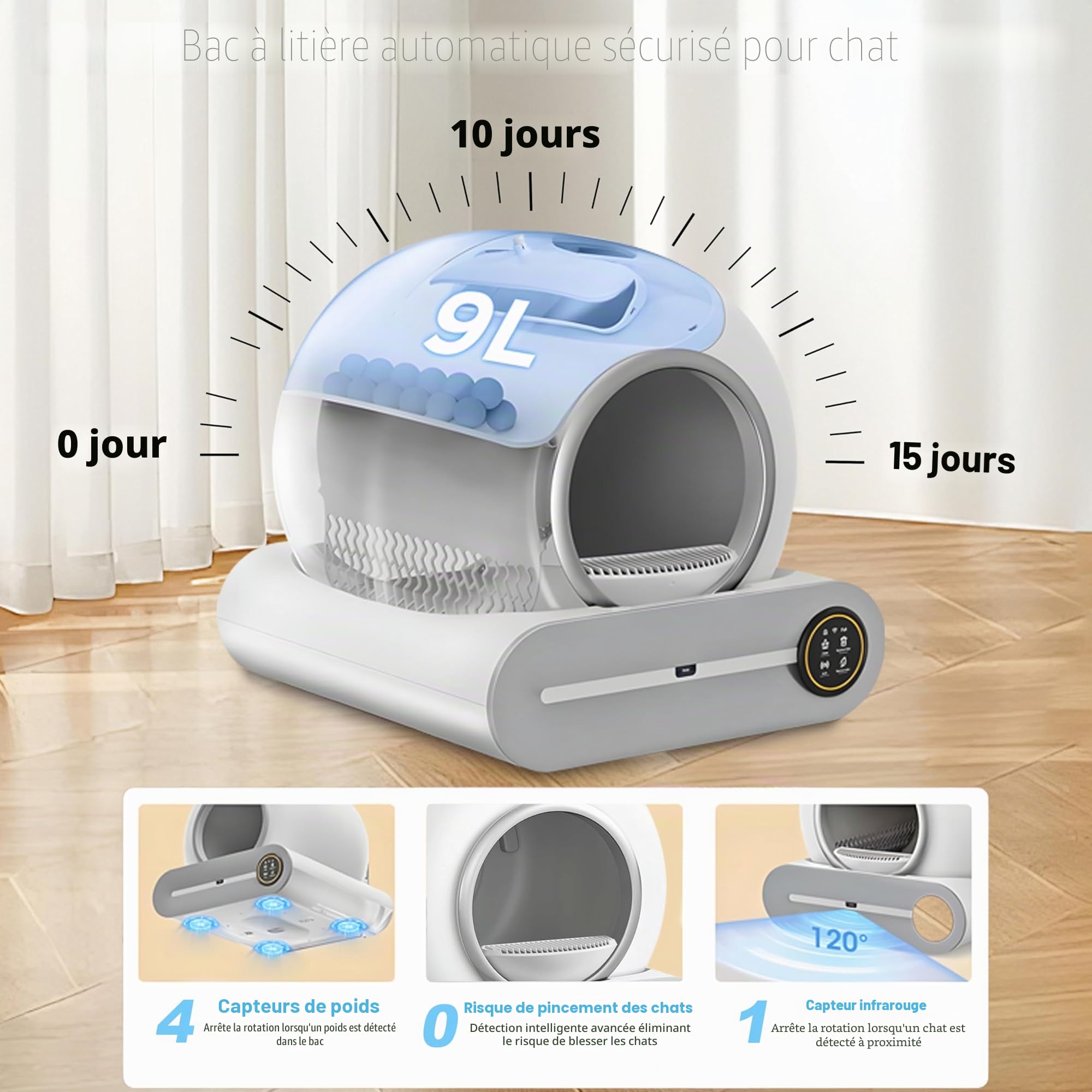 Litière autonettoyante pour chat avec 2 rouleaux de sacs poubelle et tapis de litière pour chat, contrôle par application pour plusieurs chats (A)