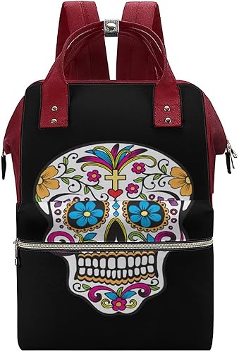 Miniatura 1 de Bolsa de pañales de calavera floral para mujer, mochila de gran capacidad, impermeable, mochila de viaje para computadora portátil