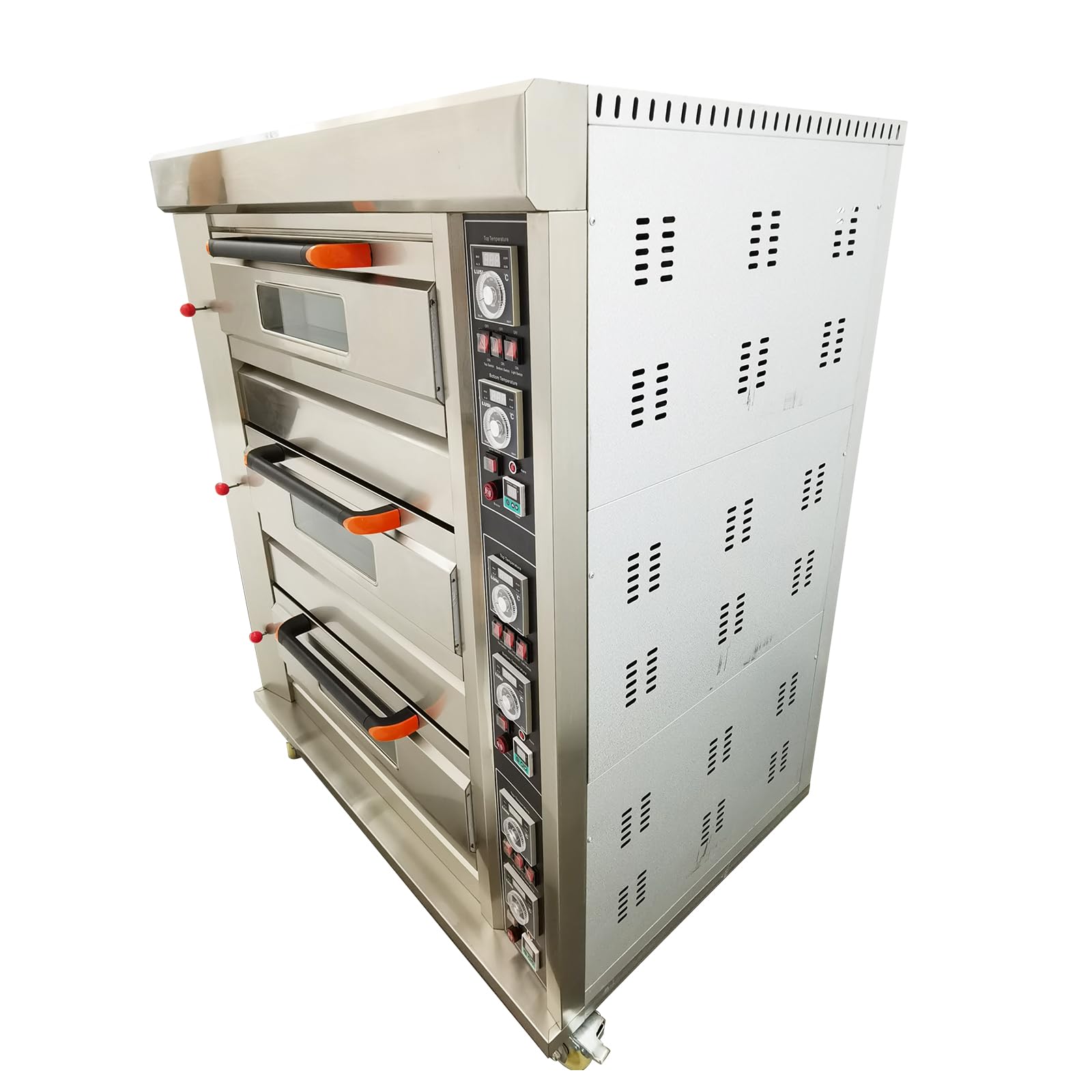 Horno de pizza comercial Máquina de hornear de Piza de calefacción de gas de 3 capas con 6 placas 110V 300W Horno de acero inoxidable para restaurantes Panaderías 0-99min 32.0 °F-752.0 °F 7