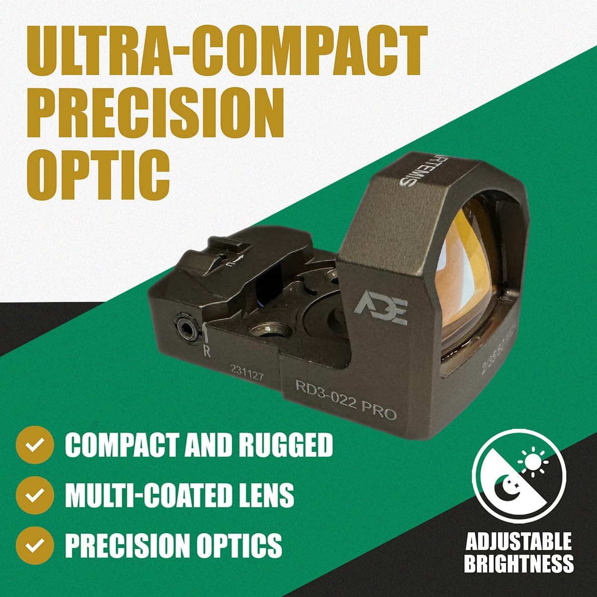ADE Advanced Optics RD3-022 Artemis PRO – Motion Activated Red Dot Sight with Multi-6 Reticles – Fits Optics-Ready Slides Using RMR or 407C/507C Footprint – FDE Flat Dark Earth Body Color
