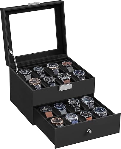 Miniatura 7 de SONGMICS Caja de reloj de 16 ranuras, caja de reloj con tapa de vidrio, 2 capas, vitrina de reloj con cerradura, cuero sintético negro, forro negro