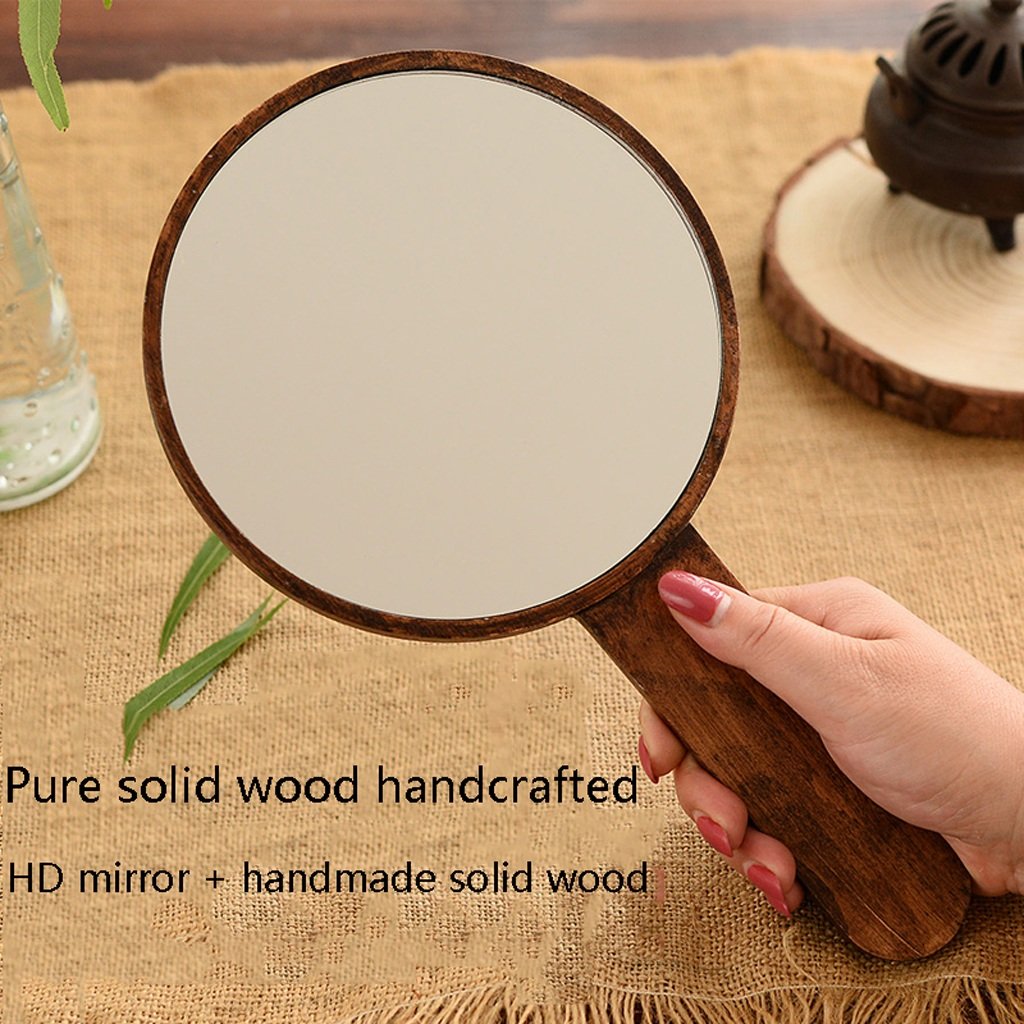 Makeup Mirror Retro Wood HD Portable Beauty Salon Handheld Mirror Professional Hand Mirror Hairdressers Paddle Mirror Tool