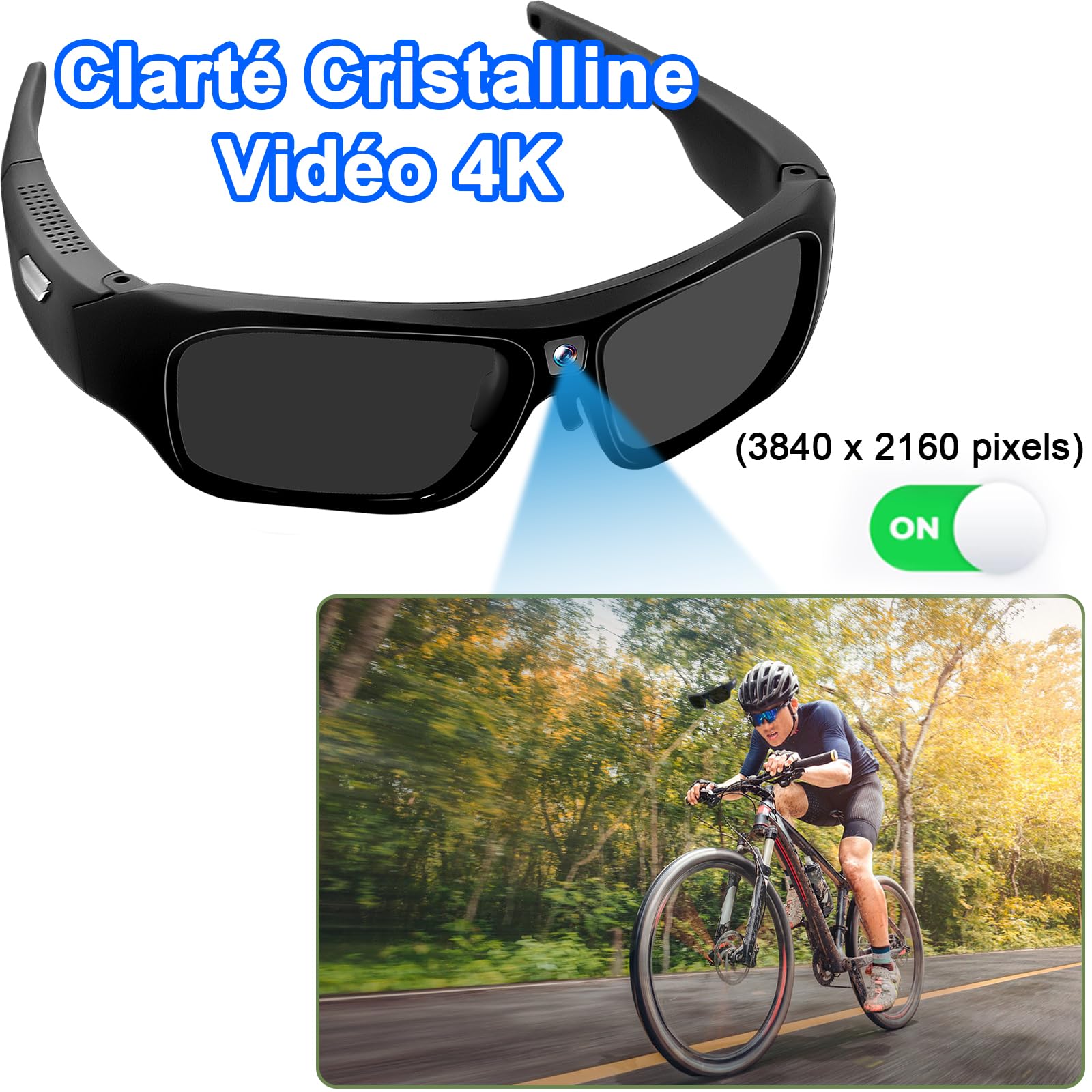 TANGMI Lunette Caméra 4K, Action Cam pour Moto Outdoor, Polarisée 32GB | Enregistrement Vidéo, Caméra Embarquée, Lunettes Vidéo, 85°, Un Seul Bouton, Vélo Pêche Randonnée Ski, Type-C, Étui