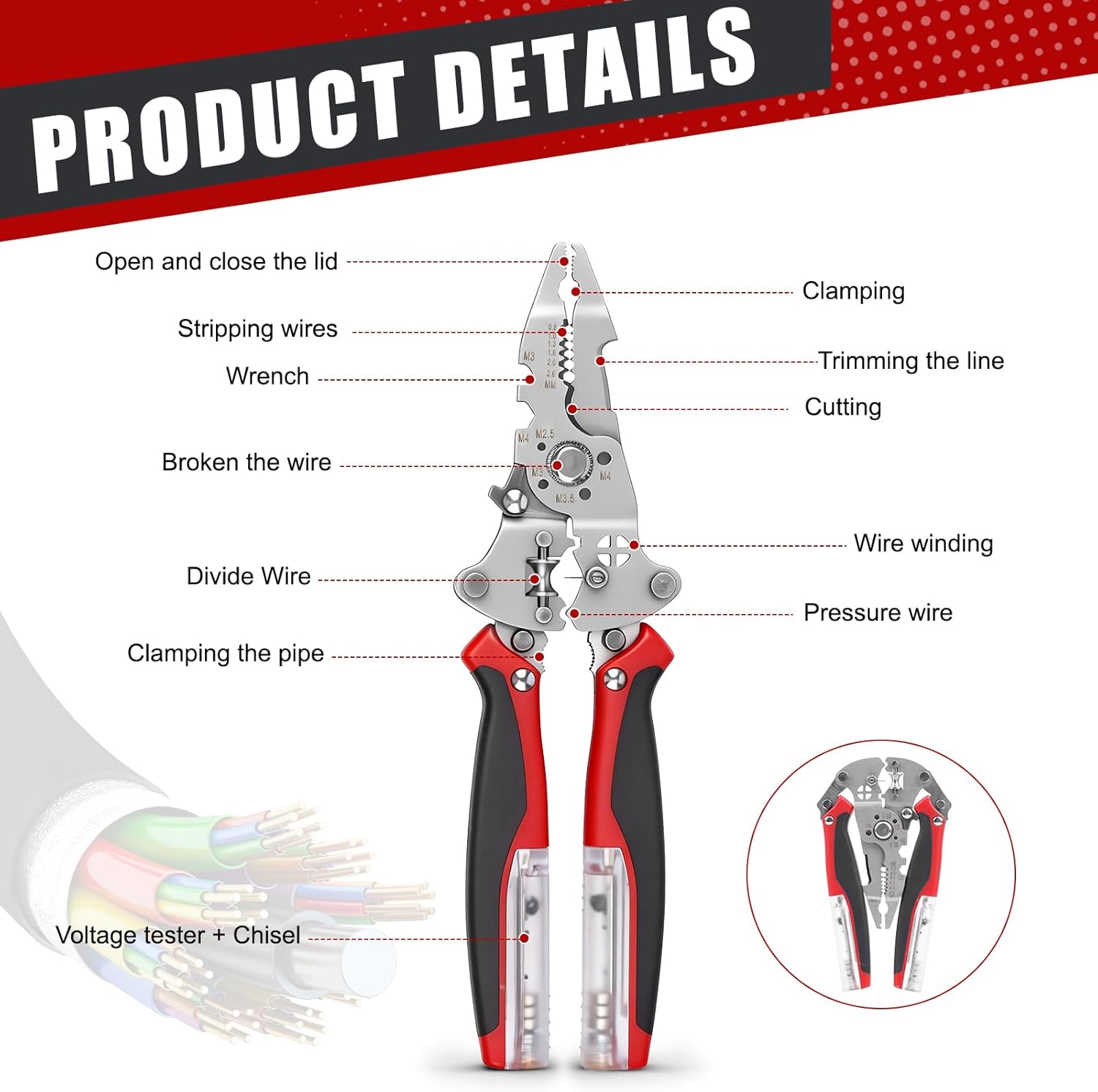 11 In 1 Foldable Ｗire Stripper with Voltage Tester, 2026 New Wire Strippers with Dual Alarms-Heavy Duty Wire Crimper Stripper for Hot/Neutral Wires - Electrician, Car Repair Tool (1PCS-RED)