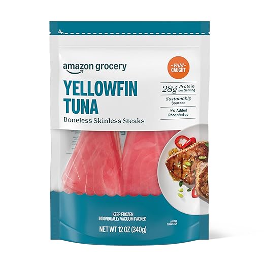Amazon Fresh Brand, Wild Caught Yellowfin Tuna Steaks, Frozen, Sustainably Sourced, Phosphate Free, 12 Oz