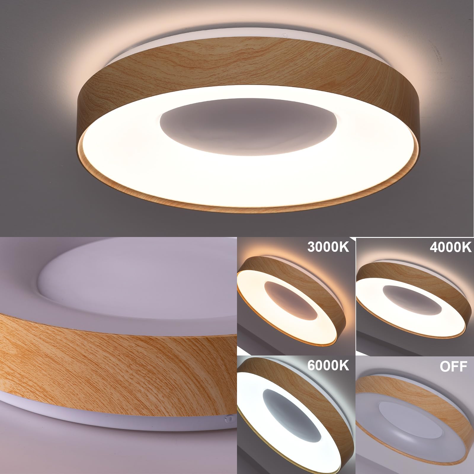 Alpinaluz Okrągła lampa sufitowa LED Ø38,5 cm Ø 38,5 cm – minimalistyczny design z ramą z efektem drewna i białym pierścieniem wewnętrznym – regulowane światło CCT 3000 K-4000 K-6000 K do salonu,