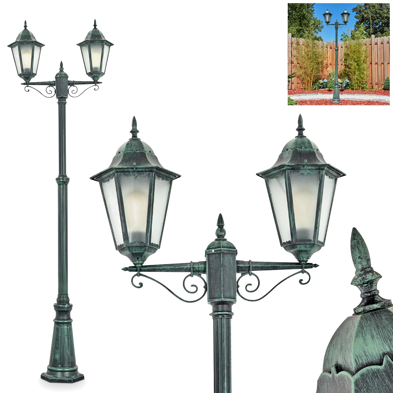 Hofstein Light/Black Outdoor Pathway Hong Kong, Pathway Made Of Metal/Glass In Black/Green/Milk Glass Candelabra In Antique Look, Height Max. 245 Cm, Garden Ing Ip44, 2 X E27, Without Bulbs