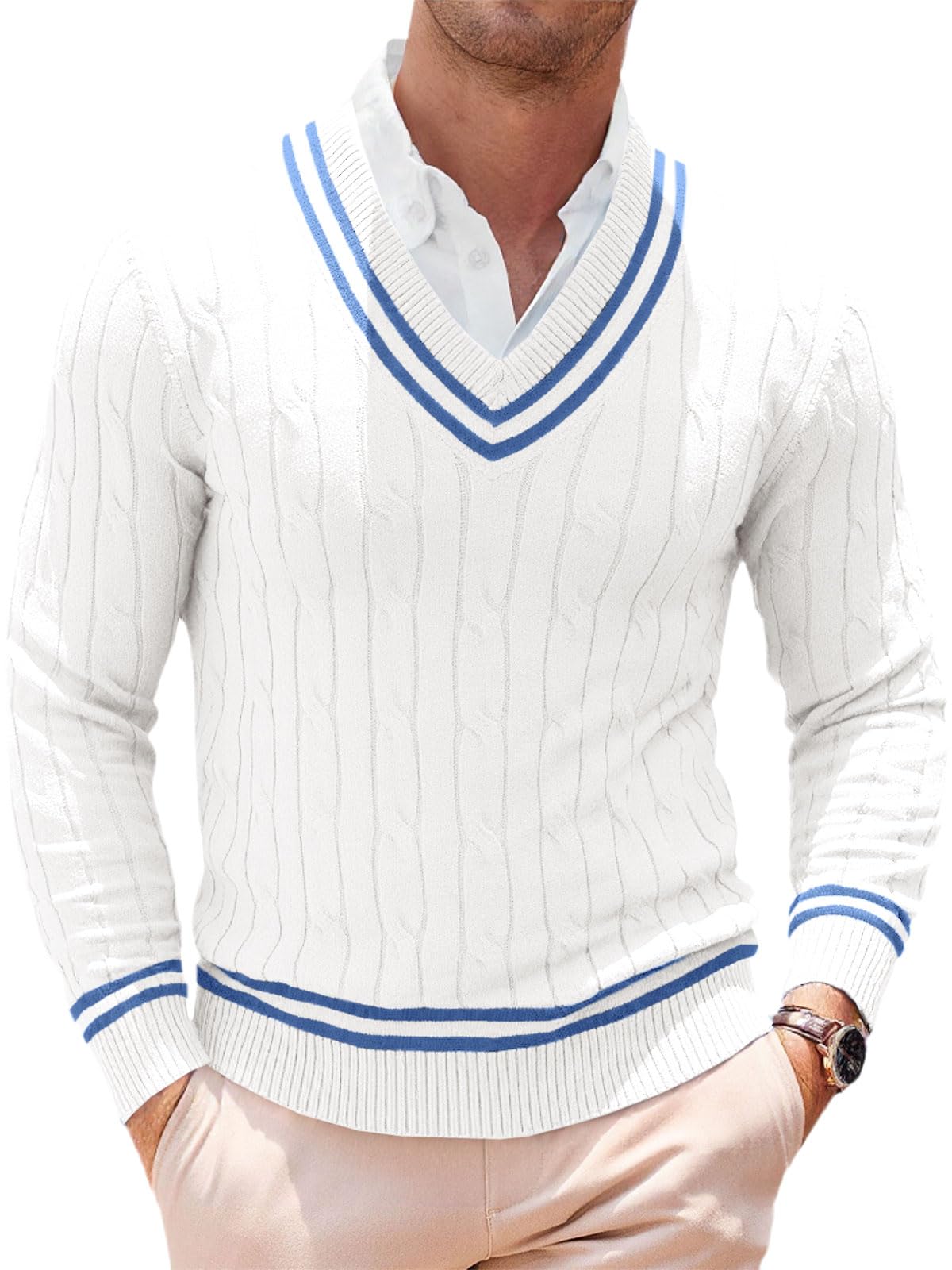 Runcati Men's V-Neck Cable Knit Slim Fit Pullover
