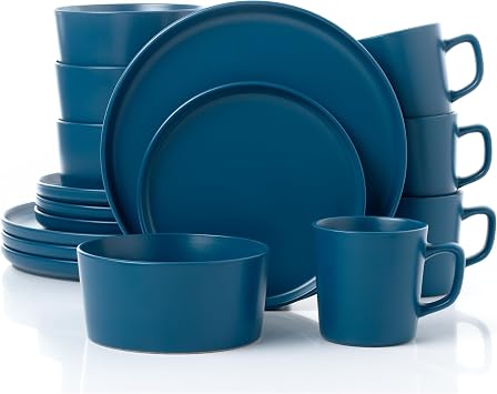 Lorren Home Trends Blue Stoneware Dinnerware Set, 16 Piece, Service for 4, Microwave and Dishwasher Safe