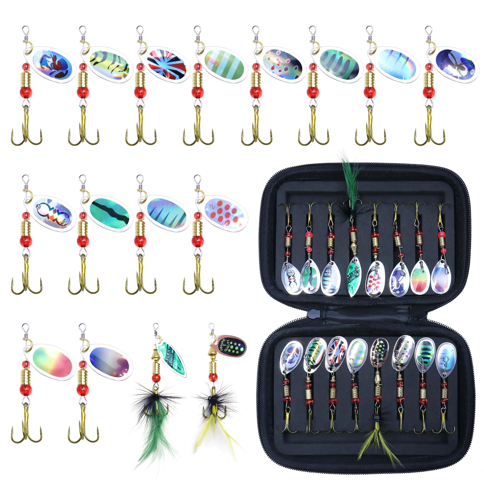 INMORVEN 16-teiliges Premium-Blinker-Set (7x6cm + 7x5.5cm + 2x6.5cm) - Forellenköder mit UV-Reflexion für Süß- & Salzwasser - Inkl. Aufbewahrungsbox - Ideal für Hecht, Zander & Barsch