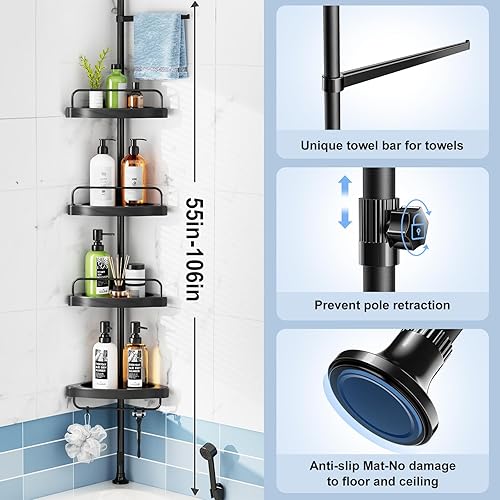 Miniatura 6 de Poste de tensión de esquina para regadera organizador de almacenamiento de champú de 4 niveles a prueba de óxido para ducha interior - Estante de