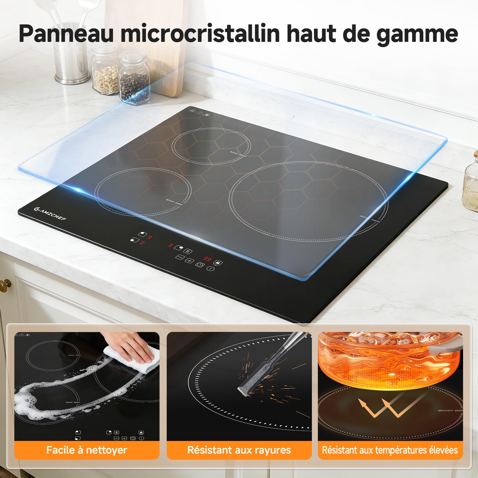 AMZCHEF Plaque Induction 3 feux 7400W avec 9 Niveaux de Puissance et Fonction Boost, Sécurité