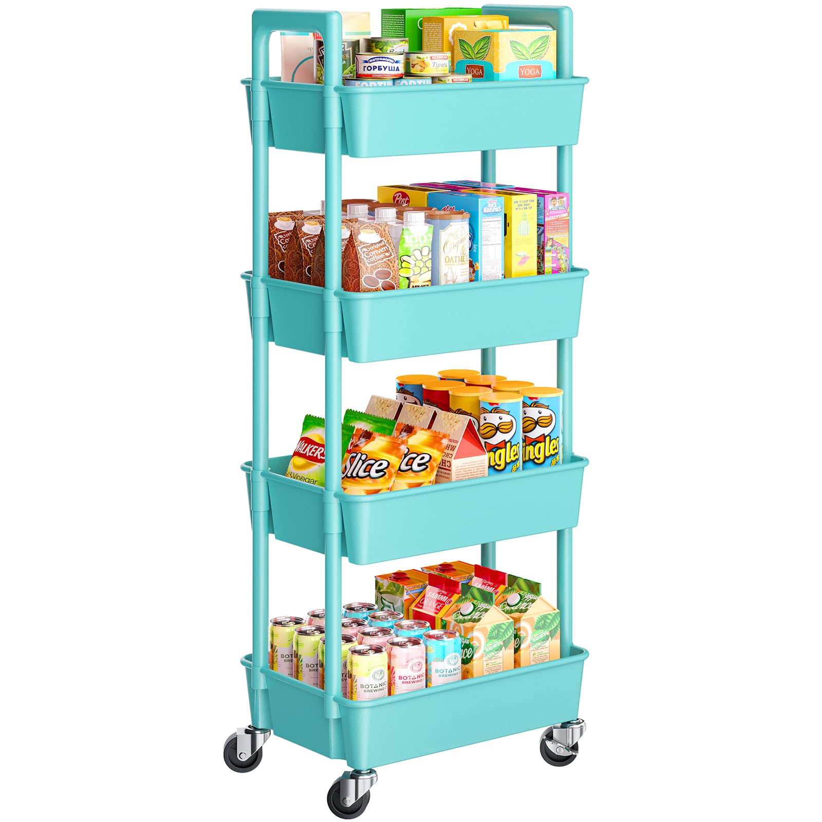 Pipishell 4 Tier Rolling Cart Organizer, Plastic Rolling Cart with Lockable Wheels & Reinforced Handle, Lightweight Utility Storage Cart for Nursery,